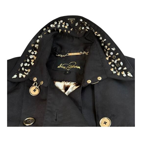 Sam Edelman Studded Rhinestone TRENCH COAT Women's SM Black Gold Silver Spiked - Picture 4 of 13